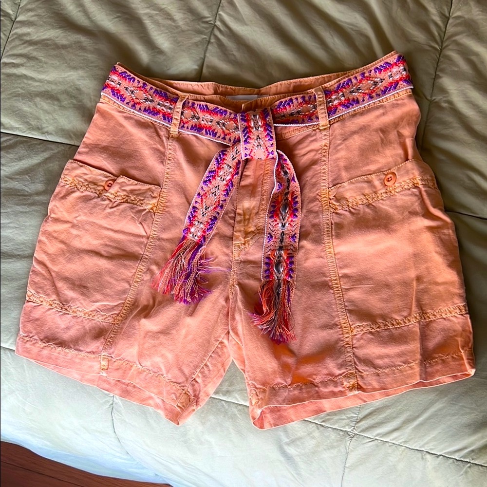 Deep Yellow Women's Linen Shorts with Patterned Tie Belt